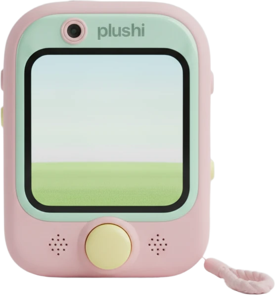 Plushi Pocket Kids: a chunky mint and pink acrylic handheld with a front camera and the plushi wordmark engraved above its big screen, and a big yellow talk button below it