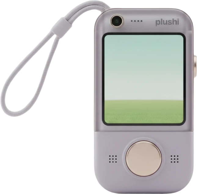 Plushi Pocket: a frosted lavender acrylic handheld in a champagne aluminium frame, the plushi wordmark etched beside its front camera, a round talk button between the mic and speaker, and a braided cord